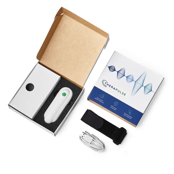 Complete Therapulse RLS kit with USB charging cable, velcro strap and instruction manual